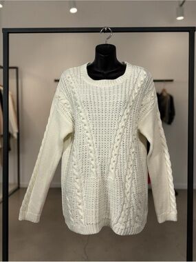 Lily Morgan, Cable Knit Sweater Cream Pearl Detail, Large, Cozy Chic
